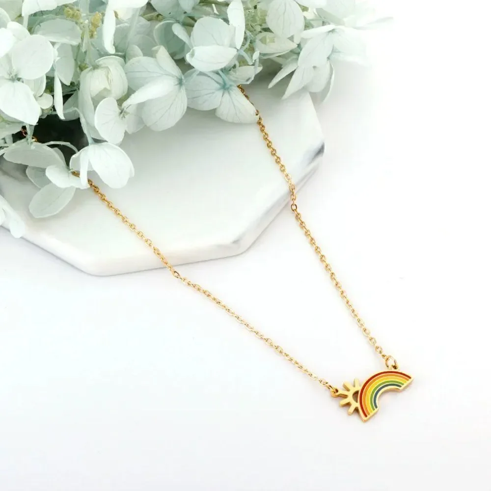 Rainbow Sunshine Pendant Chain Necklace in Gold
